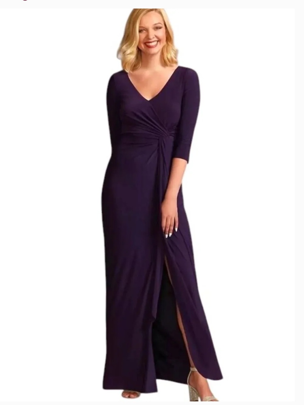 Oleg Cassini Eggplant V-Neck Twist-Front Maxi Dress Size 4